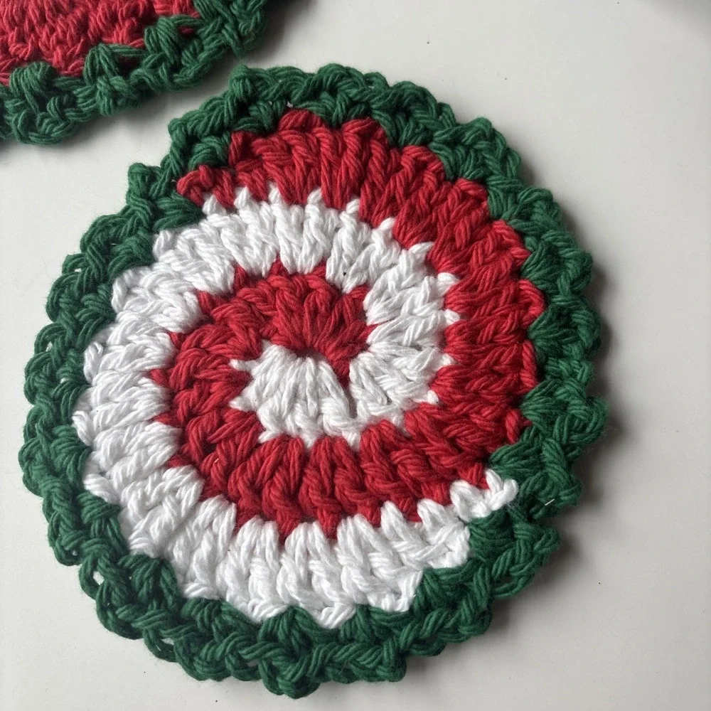 Set of 3 Handmade Crochet Christmas Coasters Peppermint Candy Cane Spiral